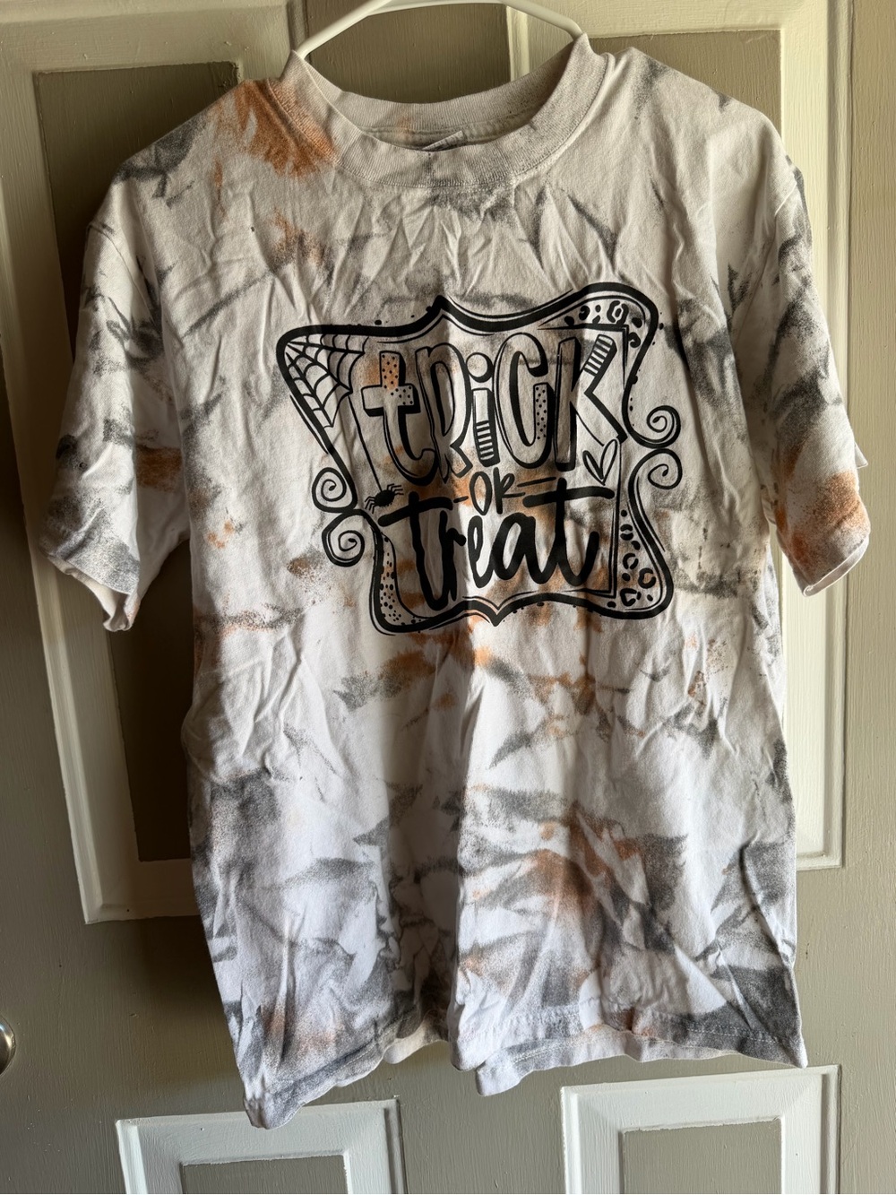 Anvil White Tee with Orange & Gray Tie-Dye 'Trick or Treat' Graphic